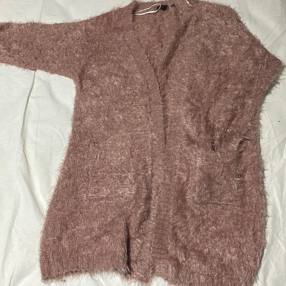 Mauve pink fuzzy knit cardigan